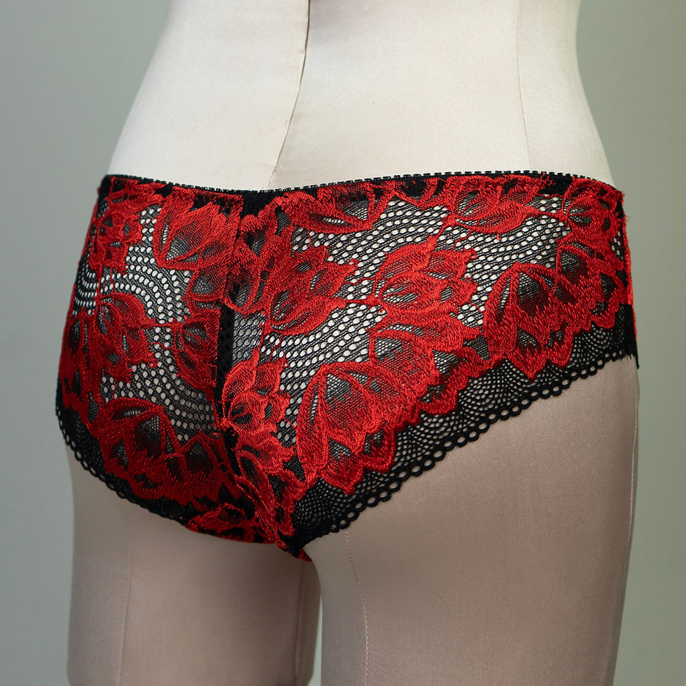 Thumbnail: Close-up of the red lace tulip design on black mesh panties, highlighting the floral embroidery and mid-rise fit.