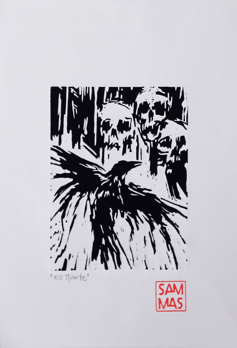 Obra en linograbado pájaro enfrenta la muerte