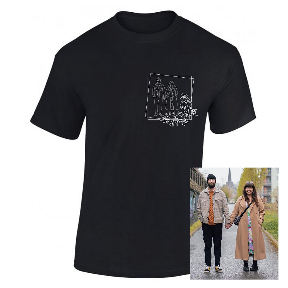 Thumbnail: Personalised Couple Fine Line Drawing With Pocket Floral Border T-Shirt