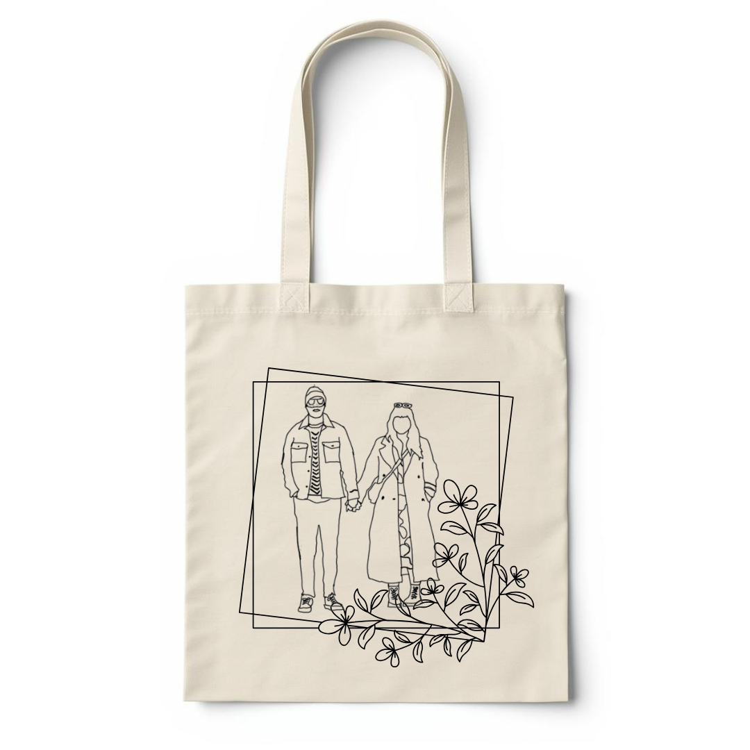 Floral Border Personalised Couple Fine Line Drawing Tote Bag