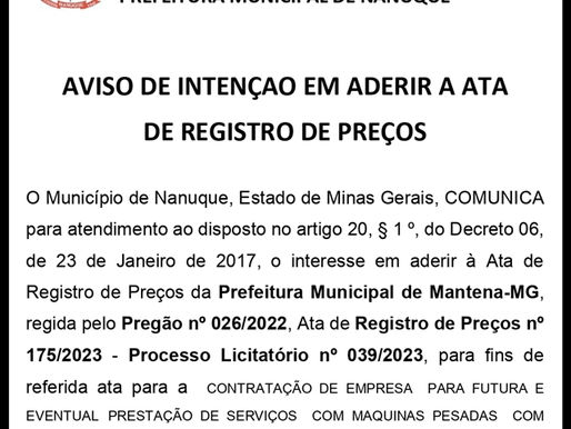 PUBLICAÇÃO DE AVISO DE INTENÇAO EM ADERIR A ATA DE REGISTRO DE PREÇOS