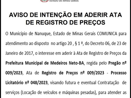 PUBLICAÇÃO DE AVISO DE INTENÇÃO EM ADERIR A ATA DE REGISTRO DE PREÇOS