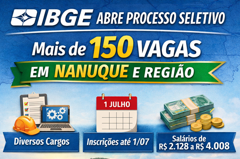 IBGE ABRE PROCESSO SELETIVO COM MAIS DE 150 VAGAS: NANUQUE É DESTAQUE NA REGIÃO; SALÁRIO CHEGA A R$ 4 MIL