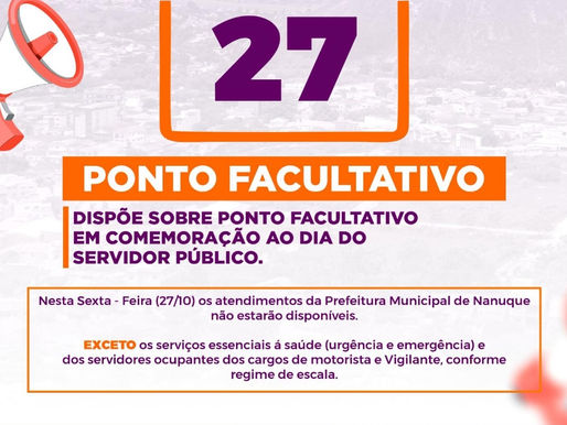 ATENÇÃO PARA O PONTO FACULTATIVO NO DIA 27/10