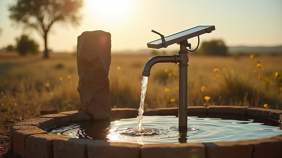 Eye-level view of a solar-powered water pump installed near a well