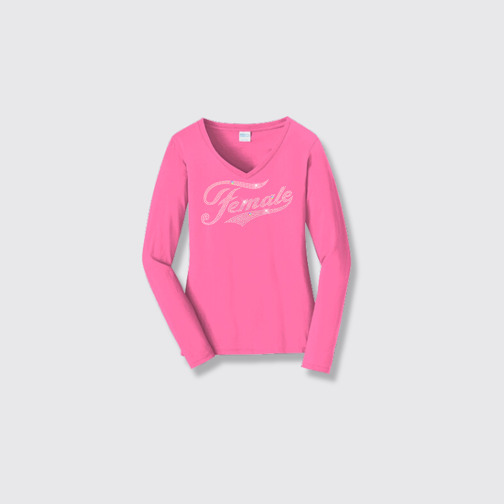 F for female rhinestones pink long sleeve v-neck