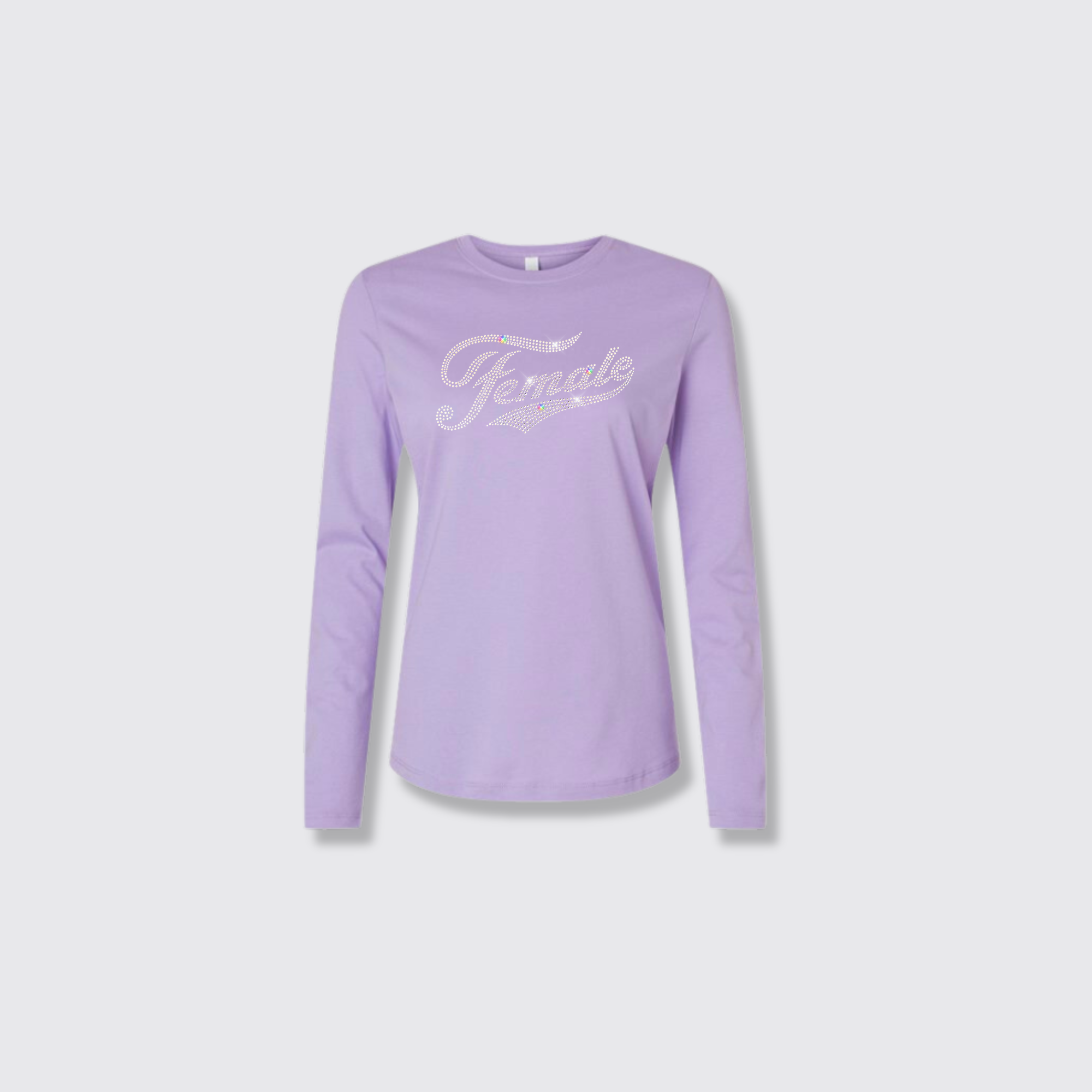 F for Female rhinestones lavender round neck long sleeve shirt