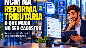 Profissional analisando o cadastro de produtos em um sistema ERP, com referências à NCM, ao IBS e à CBS, em um escritório.