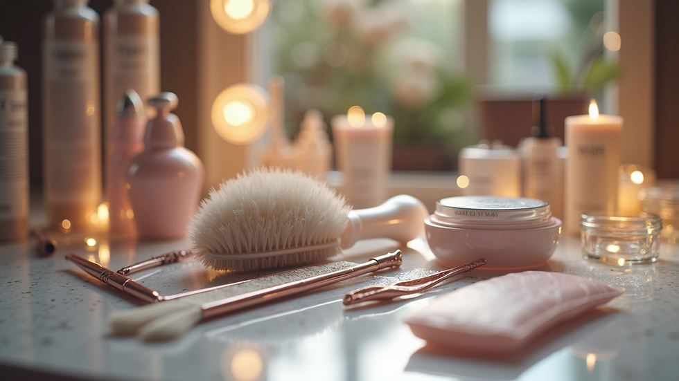 Close-up view of a bridal hair and makeup setup with elegant tools and products