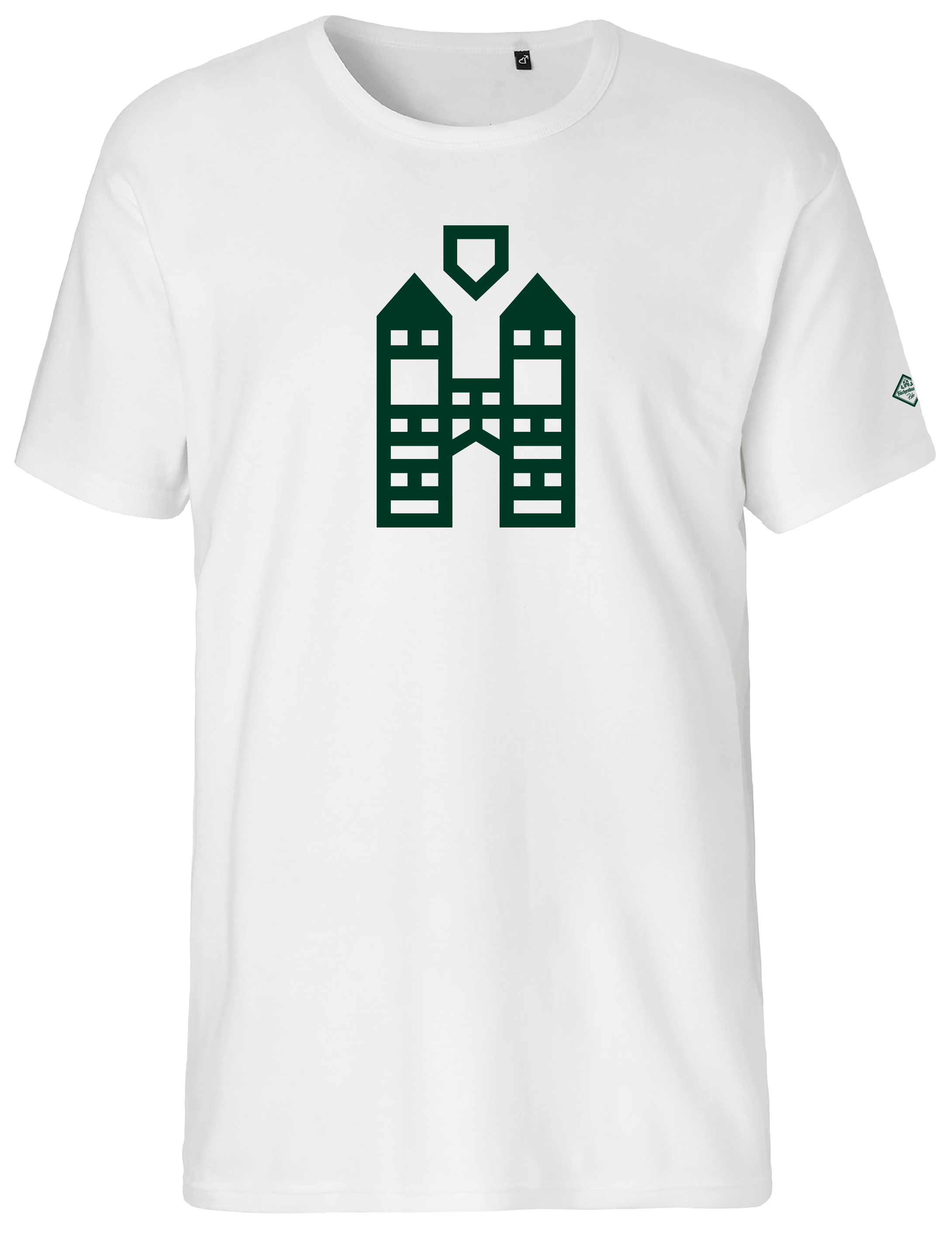 Das Bild zeigt ein Trigema T-Shirt in weiß. Auf der Brust ist der Hachenburger Turm in grün aufgedruckt.