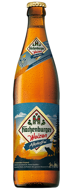 Das Bild zeigt eine 0,5-Liter Flasche Hachenburger Weizen Alkoholfrei. Das Etikett ist blau, mit orangenen Weizenähren als Verzierung.