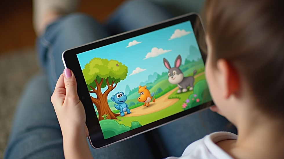 Close-up view of a tablet screen showing a colourful interactive storybook