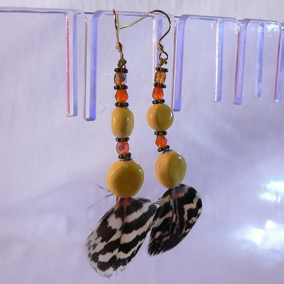 Miniatura: Joyas para mujer: pendientes de pluma y cerámica, amarillo y marrón