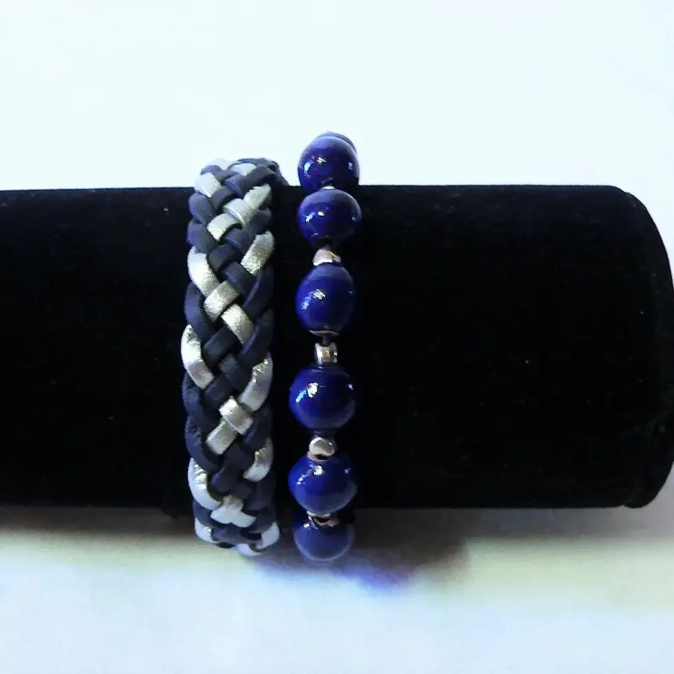 Miniature : Bijouterie : Ensemble bracelets, cuir tressé  et céramique, bleu et argent