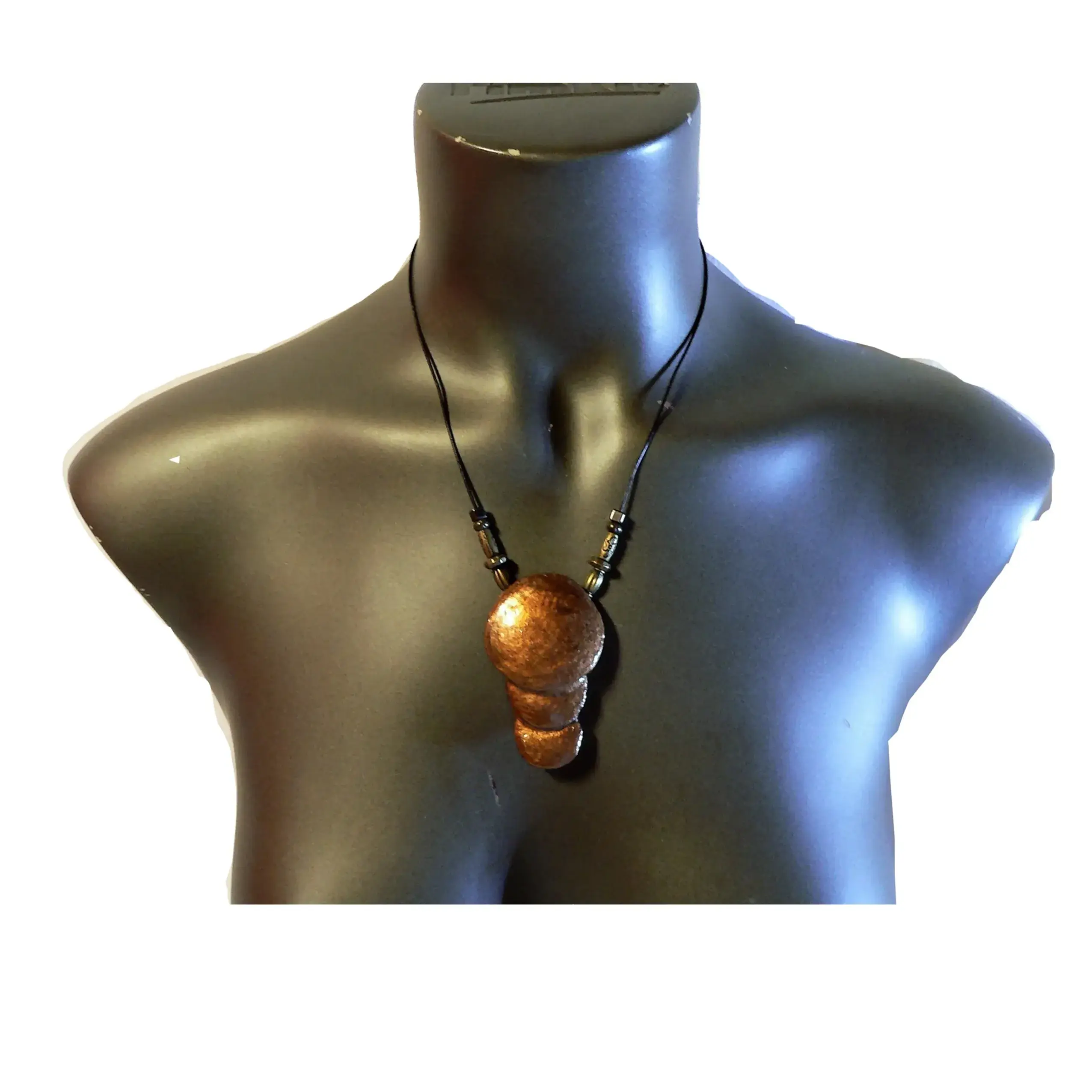 Jewellery: Ceramic and leather choker, solar pendant, coppery brown