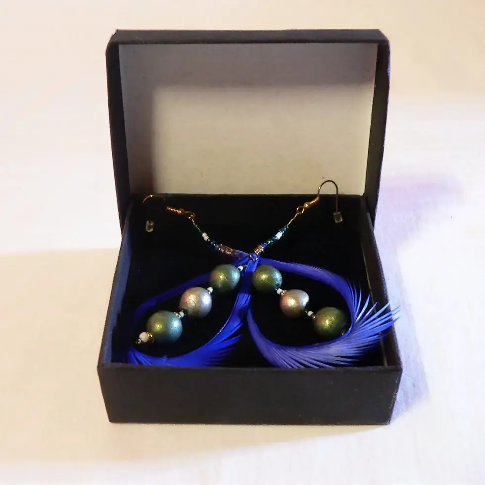 Miniatura: Pendientes colgantes, cerámica y pluma, verde y azul.