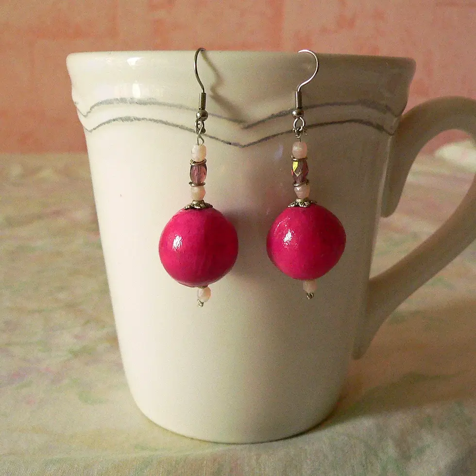 Miniatura: Collier Boules Charmes en céramique et boucles d'oreilles, ton rose magenta