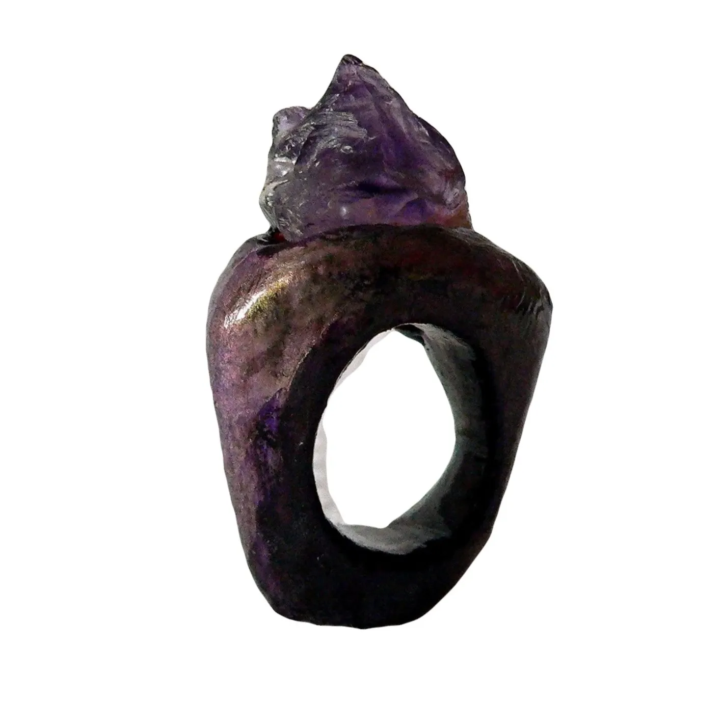 Anello TOTEM, ceramica smaltata e pietra Ametista grezza, taglia 72 FR o 14 US