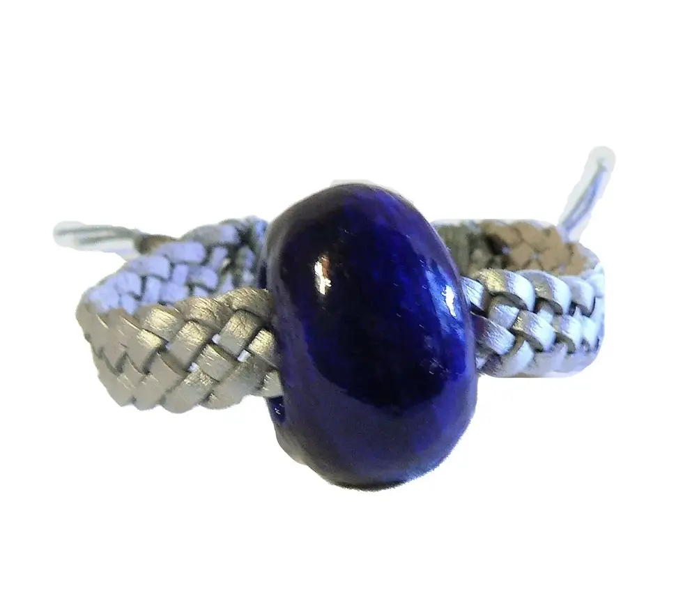Braided suede bracelet and enamelled ceramic central piece, blue and silver