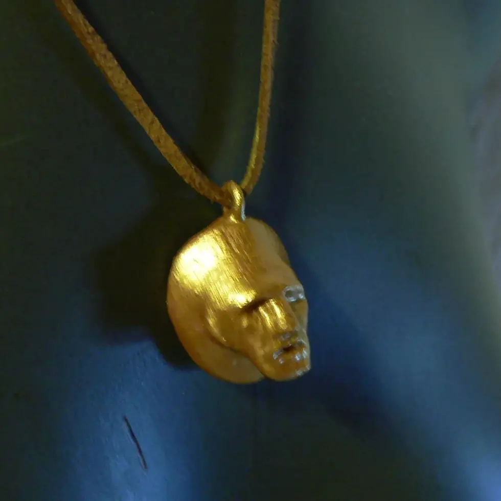 Thumbnail: Enamelled ceramic pendant and bracelet, gold color, wisdom