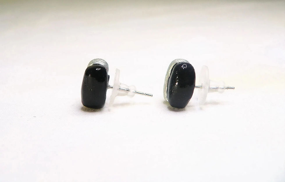 Miniature : Boucles d'oreilles puces, céramique émaillée, duo noir et argent