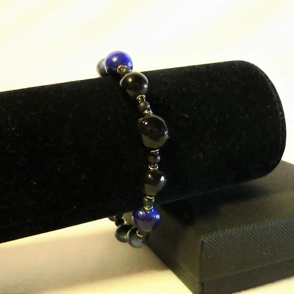 Thumbnail: Fine elastic bracelet, ceramic beads, blue and black tones
