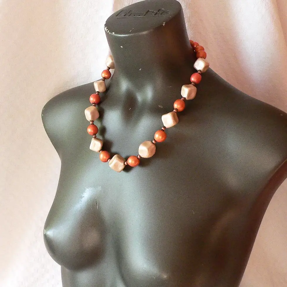 Miniature : Ensemble collier et boucles d'oreilles, perles céramiques, abricot et rose glacé