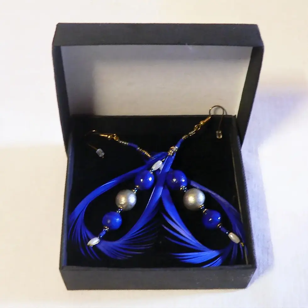 Miniature : Boucles d'oreilles pendantes, céramique et plume, bleues et argent