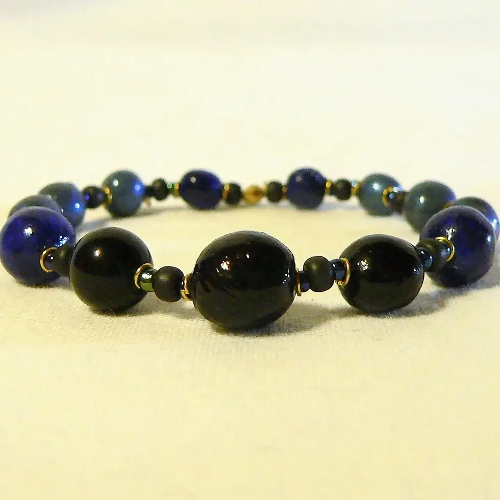 Thumbnail: Fine elastic bracelet, ceramic beads, blue and black tones