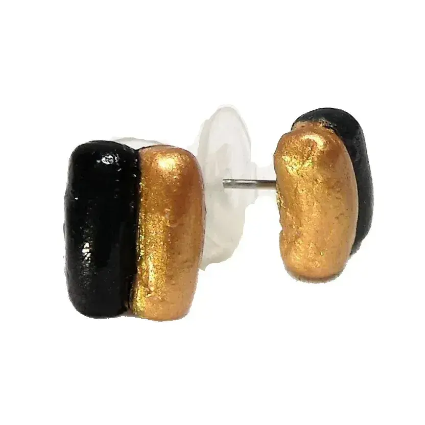 Joyas para mujer: Pendientes de botón, cerámica esmaltada, dúo negro y dorado