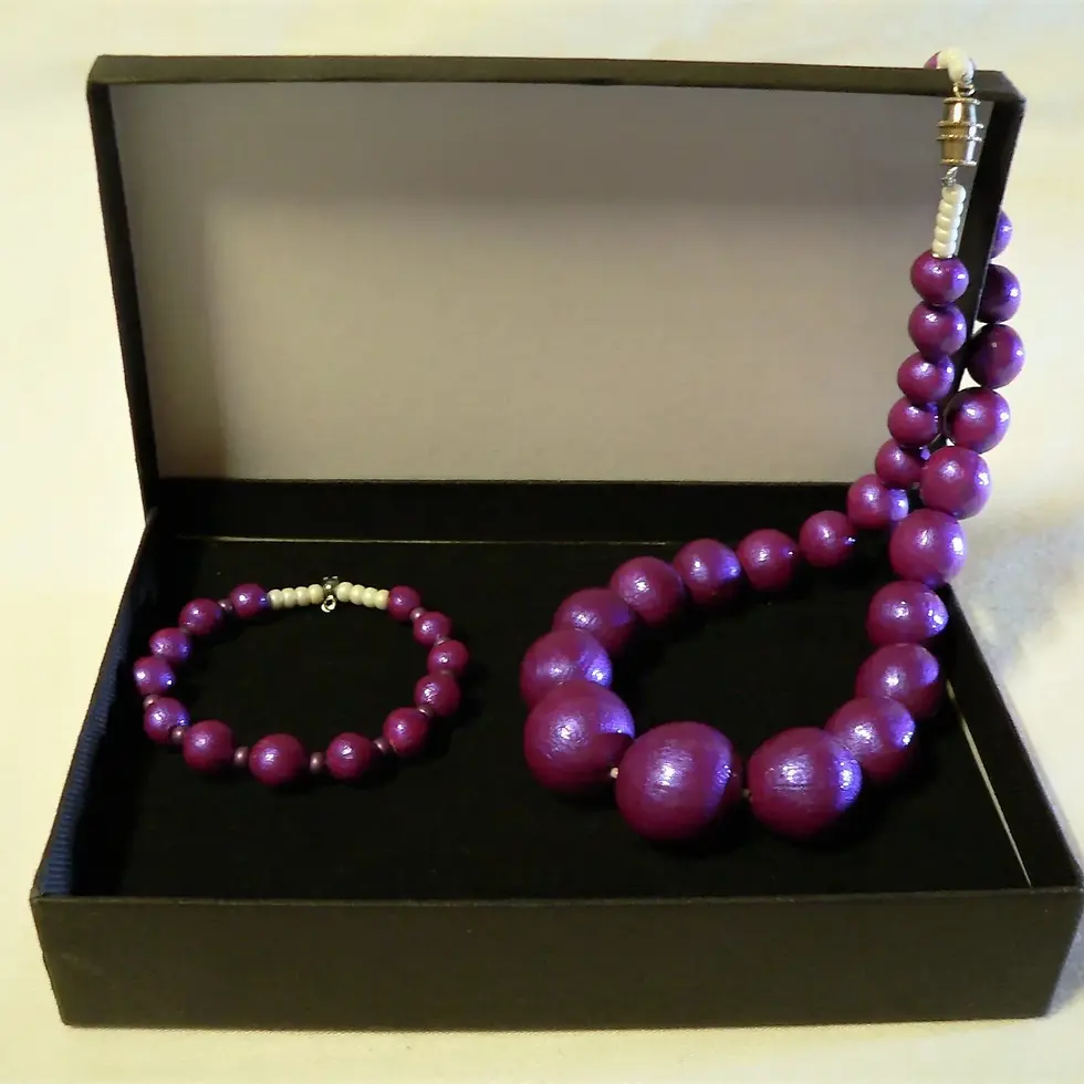 Thumbnail: Necklace and bracelet set, ceramic beads, Fuschia color