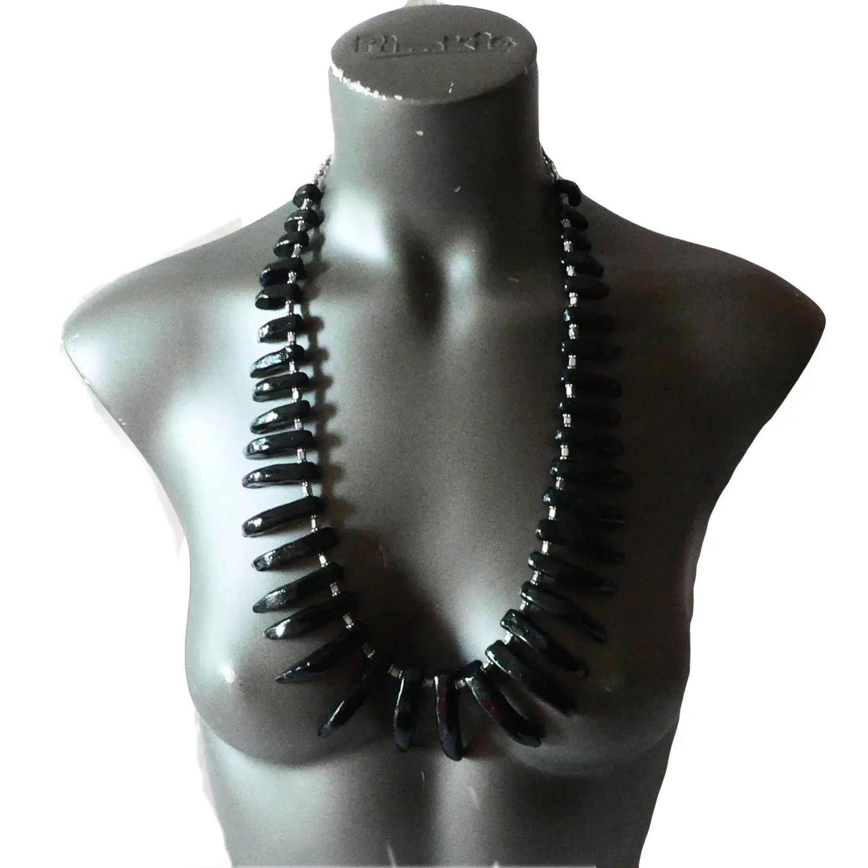 Long necklace, claw-shaped ceramic beads, amethyst black color