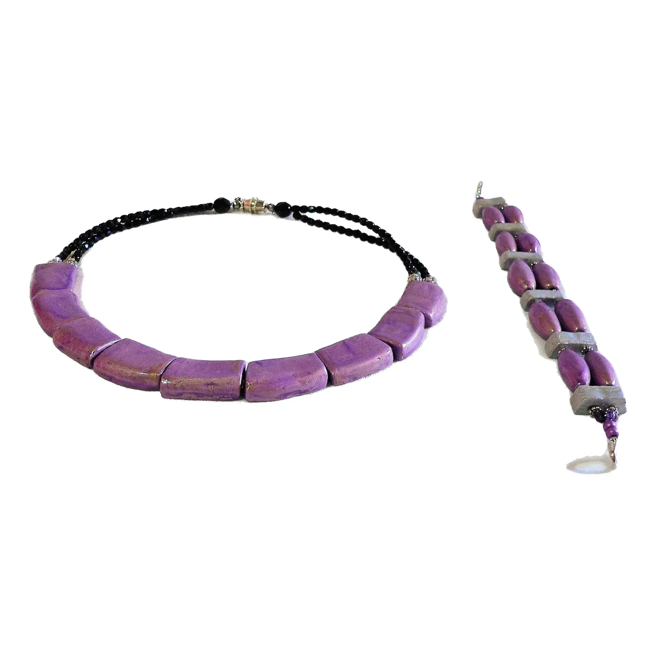 Ceramic necklace and bracelet set, pearly purple color