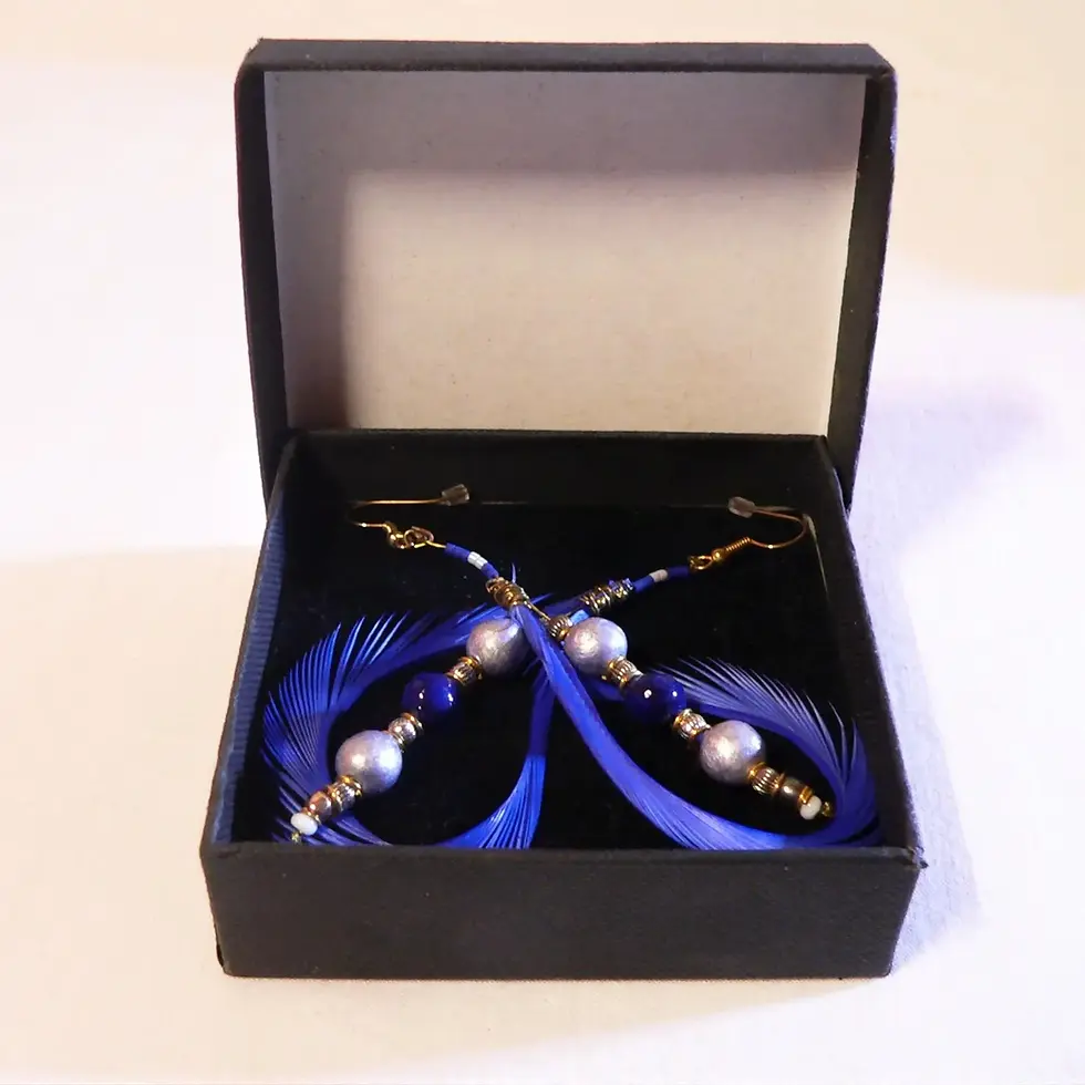 Miniatura: Pendientes colgantes, cerámica y pluma, azul y lila