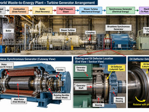 Turbine generator arrangement at a waste-to-energy plant with a cutaway of a brushless synchronous generator and the bearing and oil deflector location