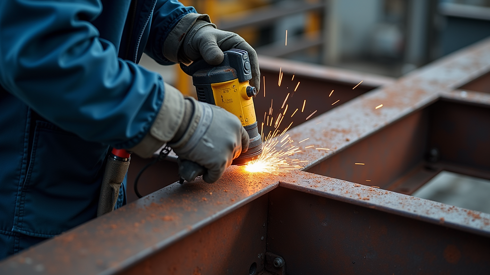 High angle view of an inspector performing magnetic particle testing on a steel beam