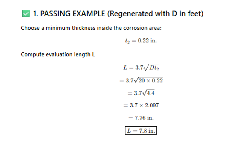 Figure 3: Establishing the measurement area for API-653 controlling thickness for given tank diameter and minimum thickness inside corrosion area – Pass Example.