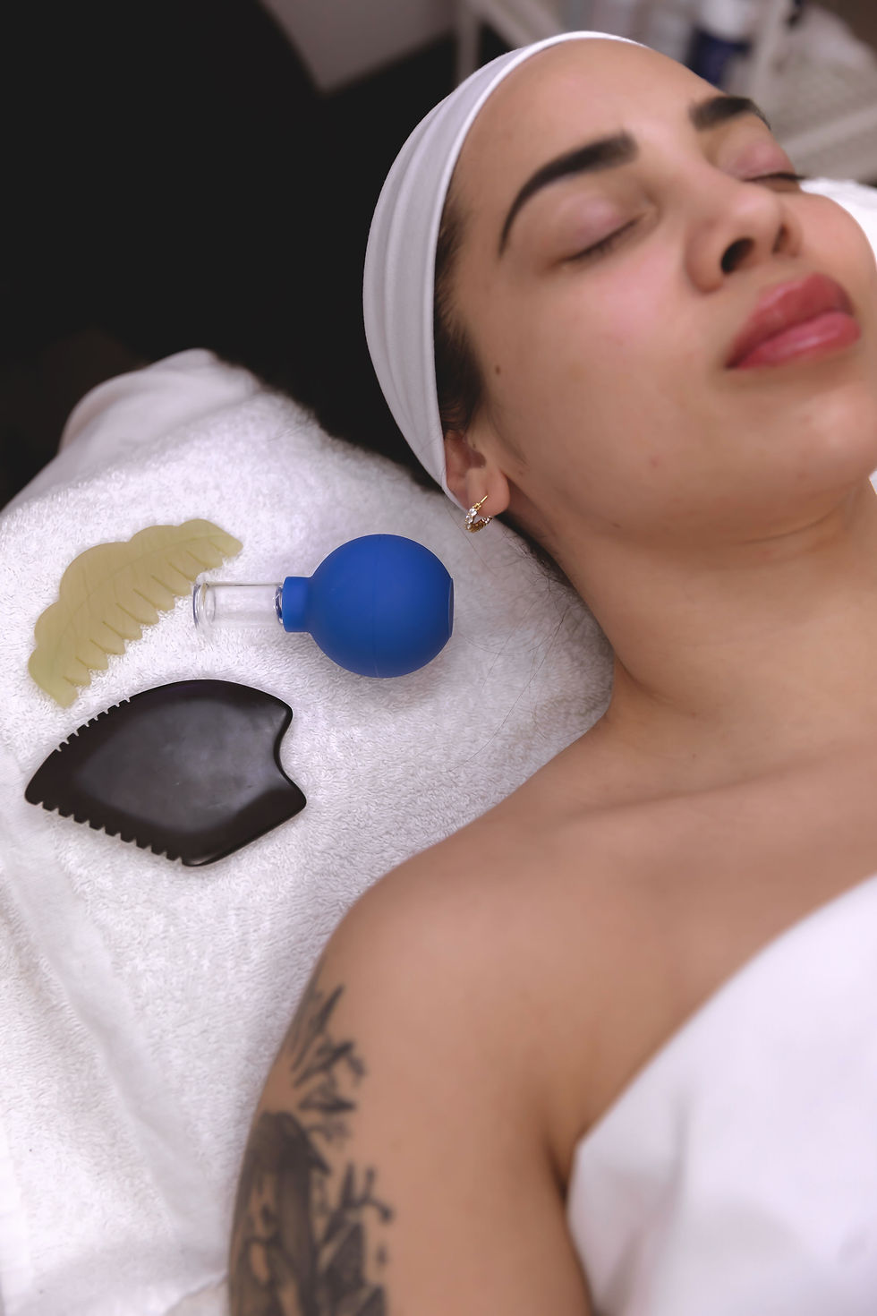 Eye-level view of a calming skincare product display