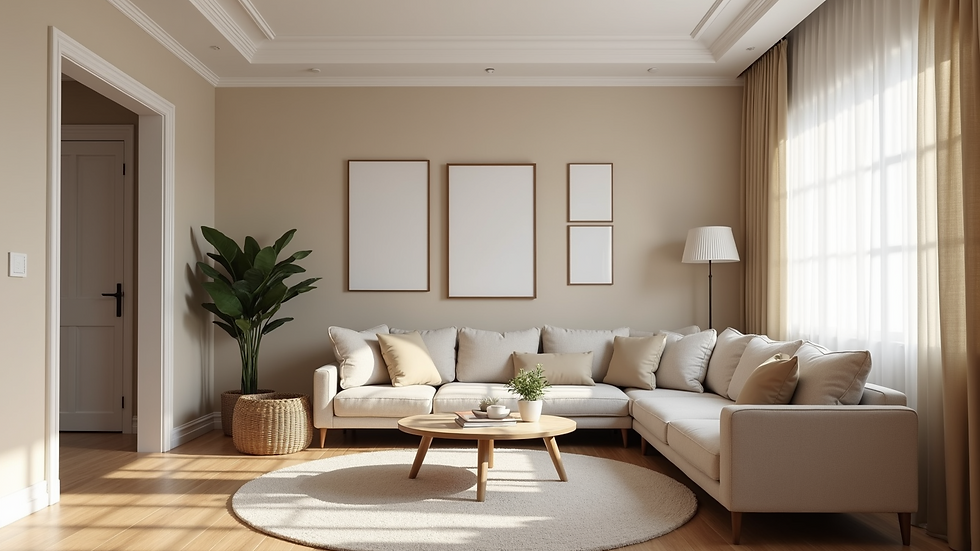 High angle view of a beautifully painted living room with neutral tones
