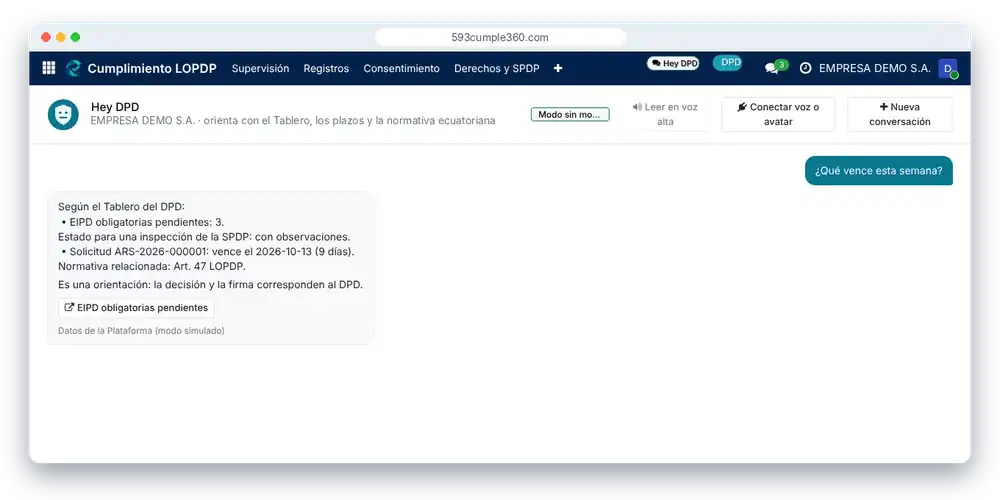 Asistente Hey DPD respondiendo qué obligaciones vencen esta semana