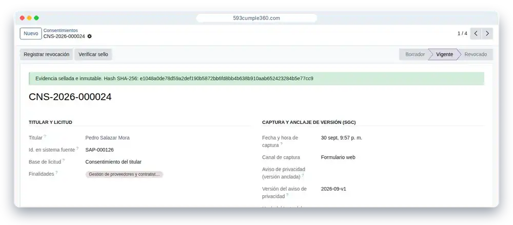 Consentimiento con el aviso de evidencia sellada e inmutable y su hash SHA-256