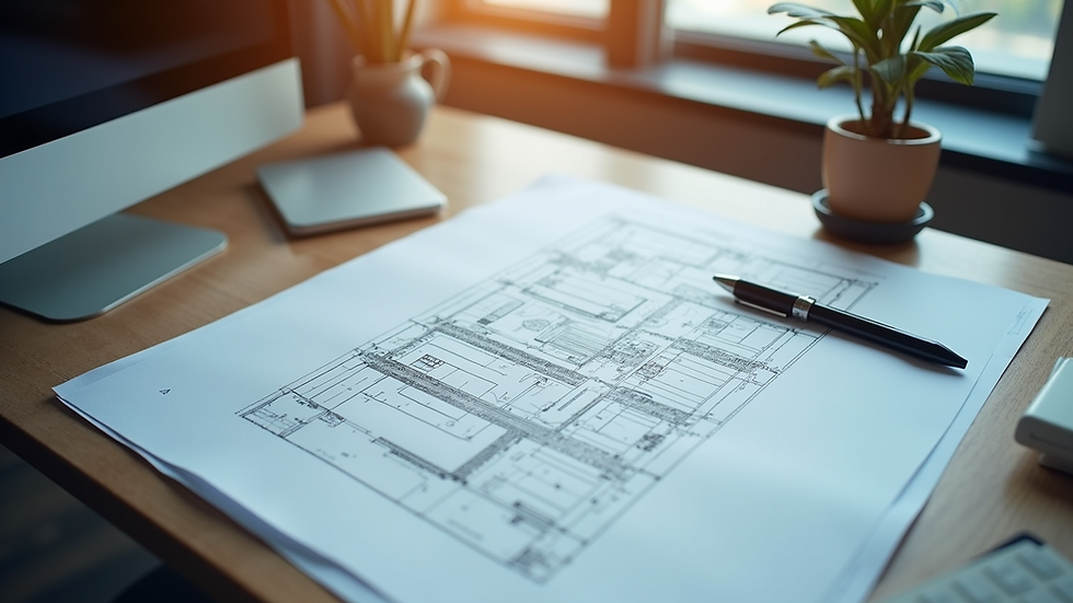 High angle view of detailed architectural blueprints on a desk