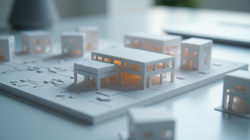 Eye-level view of a detailed 3D architectural model on a computer screen