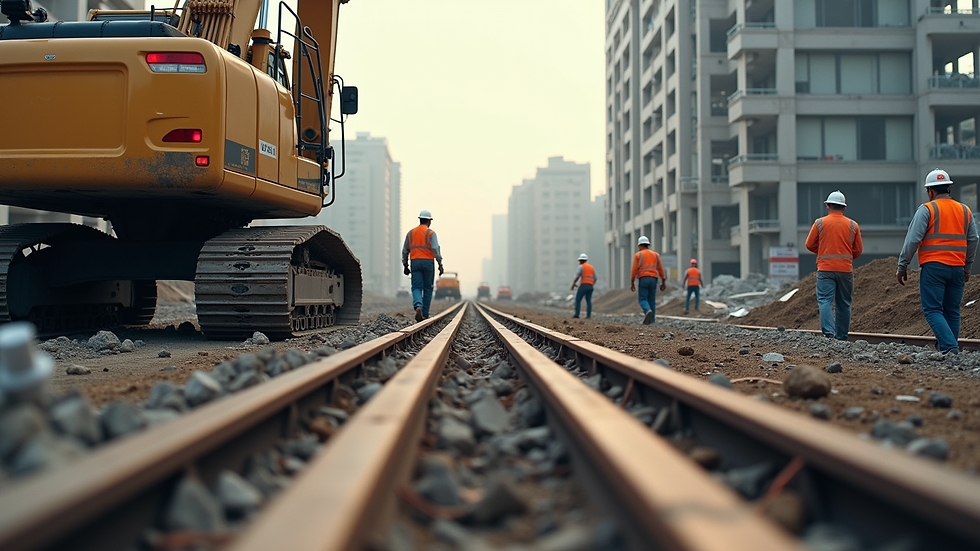 Eye-level view of detailed construction site with workers and machinery
