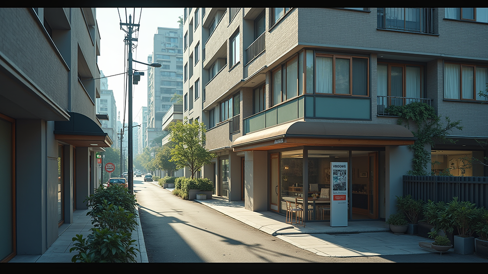 High angle view of a commercial building exterior with urban surroundings