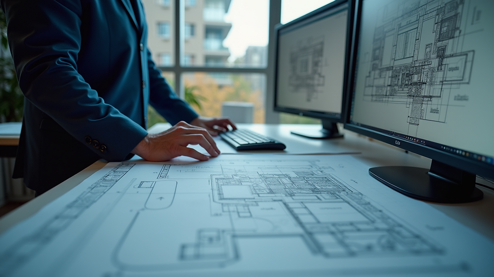 Close-up view of a CAD technician working on architectural plans with dual monitors