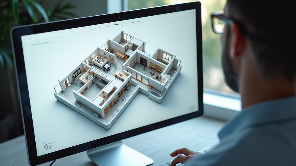 High angle view of computer screen displaying 3D floor plan model