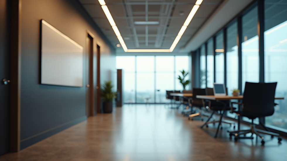 Eye-level view of a modern office interior with detailed lighting and furniture