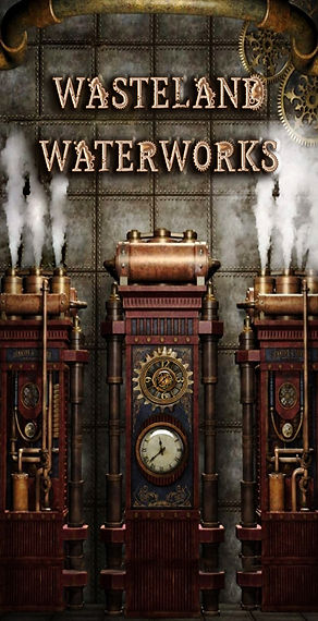 Steampunk Engine with Steam Emitting from pipes with the Wasteland Waterworks logo above the steam