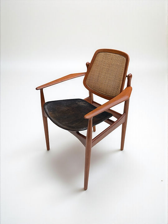 Arne Vodder Model 186 Armchair in Teak, Leather & Rattan